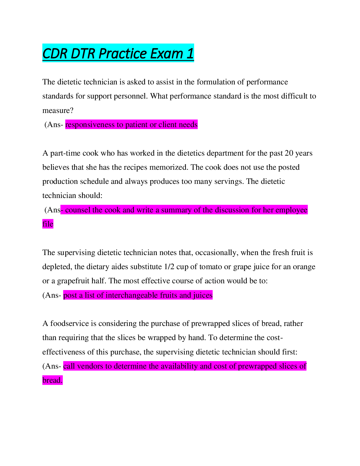 CDR DTR Practice Exam 1 Questions & Answers ; Guaranteed A+ ;Updated